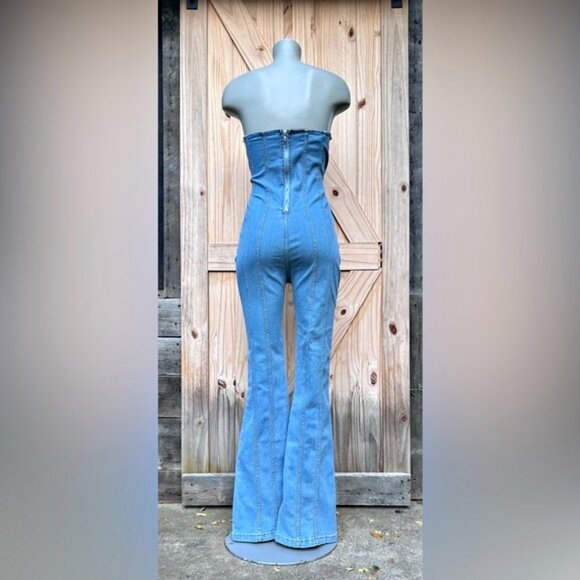 Love 83 Stretch Denim Strapless Corset Flare Bell Bottom Jumpsuit~M~ - Picture 4 of 6